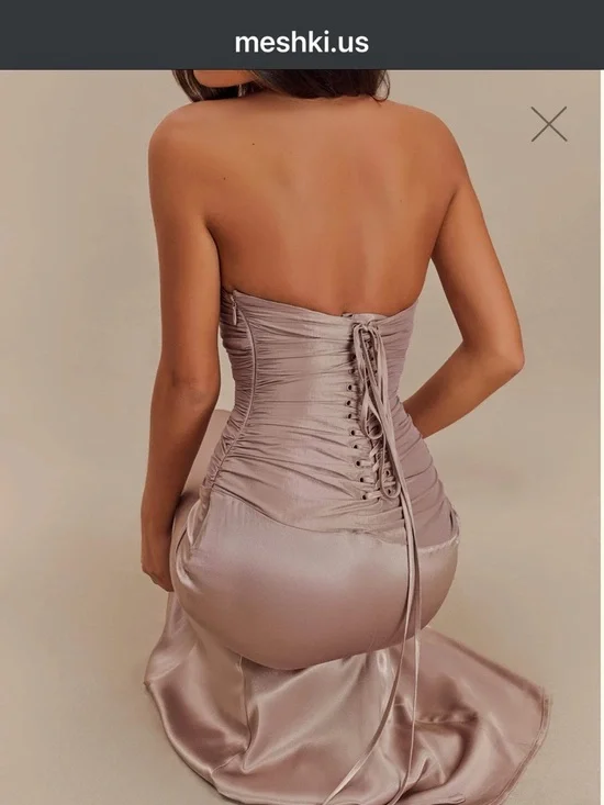 Meshki Strapless Satin Gown in Taupe - Picture 3 of 3